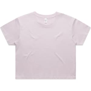 A cropped tee in a light lavender colour with a round neckline and short sleeves, featuring a brand logo.