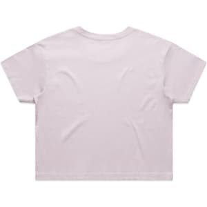 A light pink crop tee with short sleeves and a plain back, featuring a logo.