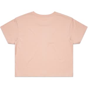A light pink crop tee with short sleeves and a plain back. The shirt has a logo on the label.