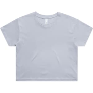 A light blue crop tee with a relaxed fit and a simple design. It has a logo on the label.