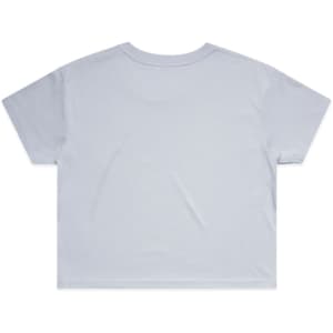A light blue crop tee featuring a simple design and short sleeves, with a branding logo on the back.