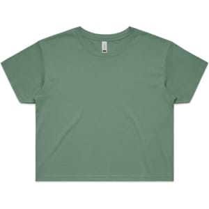 A green cropped t-shirt with a simple design and short sleeves, featuring a logo at the neckline.
