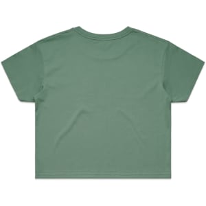 A green cropped t-shirt featuring a simple design and a branding logo.