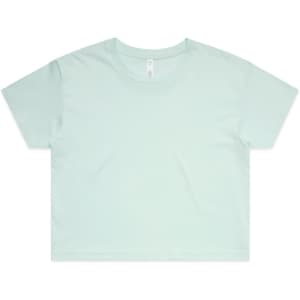 A mint green crop tee with a loose fit and short sleeves, featuring a branded label.