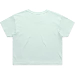 A mint green crop tee with short sleeves and a simple design, featuring a branding logo on the back.