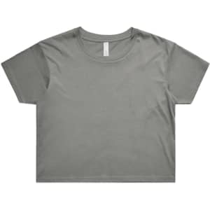 A grey crop tee with a rounded neckline and short sleeves, featuring a branded label inside.