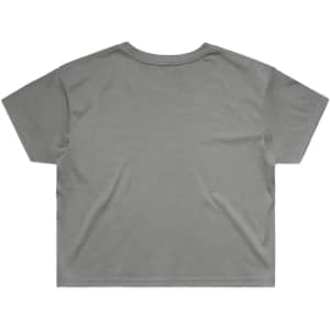 A grey crop tee featuring short sleeves and a relaxed fit, with a simple design and logo on the back.