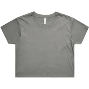 A grey crop tee with short sleeves and a round neckline. It features a logo on the inside label.