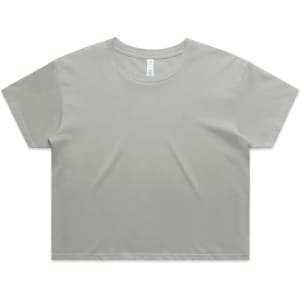 A cropped t-shirt in a soft grey colour, featuring short sleeves and a simple design with a logo.