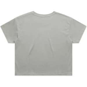 A light grey cropped t-shirt featuring a simple design and a casual fit, with a logo on the back.