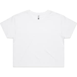 A white crop tee with a round neck and short sleeves, featuring one logo.