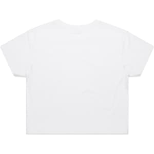 A white crop tee with a simple design and short sleeves, featuring a logo on the back.