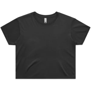 A black cropped tee with short sleeves and a relaxed fit, featuring a branding logo.