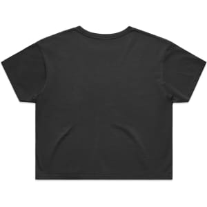 A black cropped t-shirt with a relaxed fit, featuring a smooth back design and a logo.