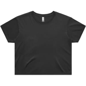 A black cropped t-shirt with short sleeves and a rounded neckline. It features a label inside.