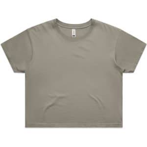 A cropped t-shirt in a faded olive green, featuring a simple design and a logo.
