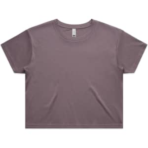 A cropped tee in a muted purple colour, featuring a relaxed fit and rounded neckline. It has a logo tag.