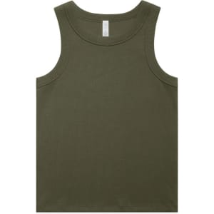 An olive green organic rib tank top featuring a simple design and a logo on the label.