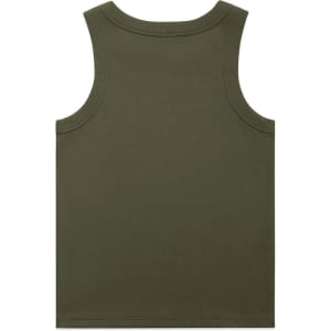 An olive green organic rib tank with a sleeveless design, featuring a plain back and minimal stitching details.