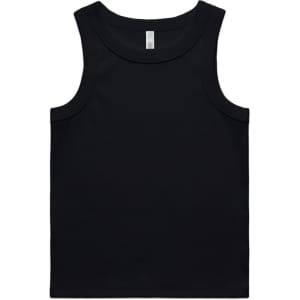 A black ribbed tank top with a classic singlet design and a branded label inside.