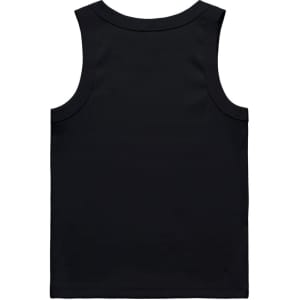 A black organic rib tank top with a simple design and no visible embellishments, featuring a logo on the back.