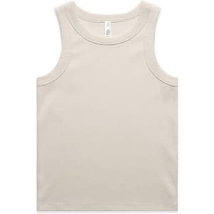 A plain, light beige rib tank top with a crew neckline and no graphics, featuring a small logo on the label.