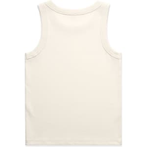 A plain cream organic rib tank top with a sleeveless design and a simple back. It features a small logo.