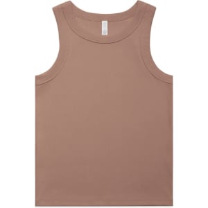 A light brown organic rib tank top featuring broad armholes and a simple design. Includes a logo on the label.