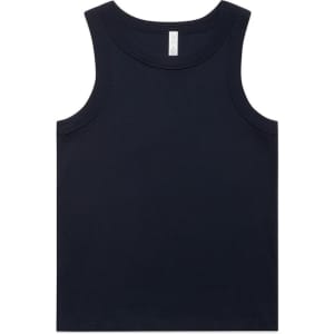 A navy organic rib tank top with a round neckline and no sleeves, featuring a logo tag.