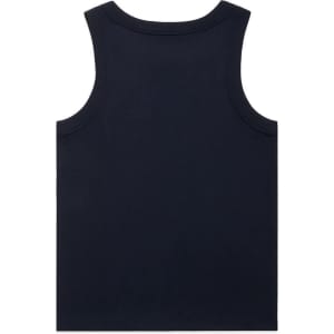 A navy rib tank top with a scoop neckline and wider straps. Features a logo.