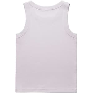 A plain white rib tank top with a sleeveless design and a tagless back. Features a logo on the label.