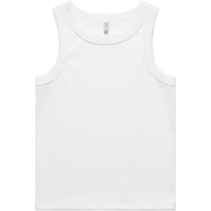 A white rib tank top with wide shoulder straps and a plain design. It features a logo at the neck.