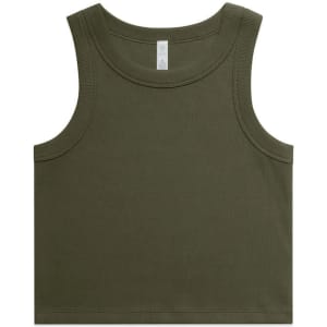 An olive green ribbed crop tank top with a classic sleeveless design and a branding logo.