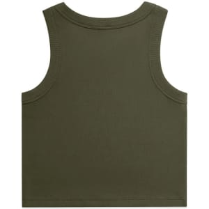 An olive green ribbed crop tank top featuring a simple, sleeveless design and a logo.