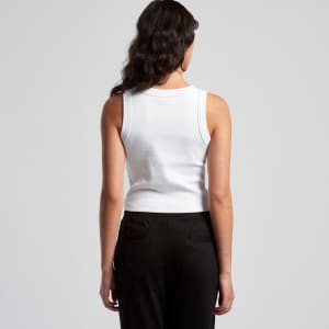 A white rib crop tank top viewed from the back, featuring a fitted design. The image includes a branding logo.