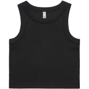 A black organic rib crop tank top with a sleeveless design and a small logo. Suitable for casual wear.