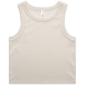 A light beige rib crop tank with a simple design and a logo on the label.