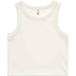 A ribbed crop tank in a light cream colour, featuring wide armholes and a minimal design with a logo.