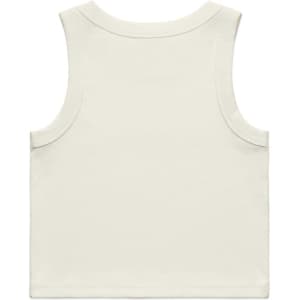 A plain white organic rib crop tank with a sleeveless design and a logo. Back view depicted.