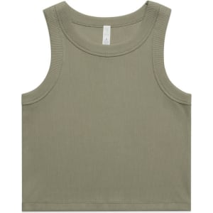 A green rib crop tank top with a solid design and wide straps, featuring a brand logo.