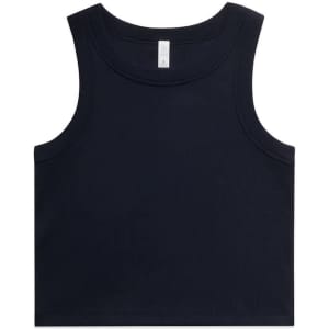A navy ribbed crop tank top with wide armholes and a straight hem. The tank features a logo on the label.