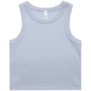 A light blue ribbed crop tank top with wide straps and a simple design. It has a logo on the label.