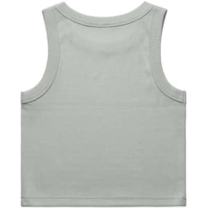 A light green organic rib crop tank top with a simple, clean design and a logo tag.