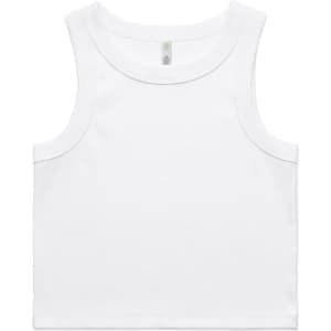 A plain white rib crop tank top with a classic singlet style and a branding logo.