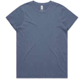A light blue T-shirt with a round neckline and short sleeves, featuring a logo.
