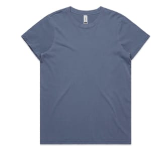 A faded blue T-shirt with a round neckline and short sleeves, featuring a logo label.
