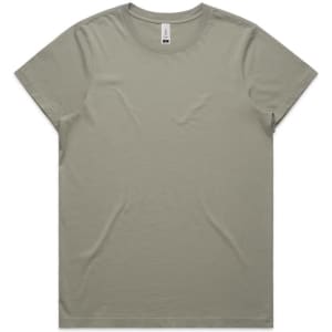 A faded olive green t-shirt with a crew neckline and short sleeves, featuring a subtle logo.