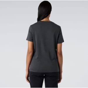 A grey t-shirt with short sleeves and a casual fit, featuring a logo on the back.