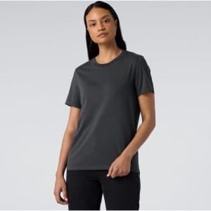 A women's dark grey t-shirt with a classic fit and a logo on the front, displayed against a light background.