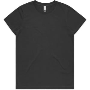A black t-shirt with a crew neck and short sleeves, featuring a logo inside the neck area.